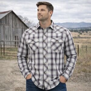 Ariat Western Shirt Mens Medium Gray Plaid Long Sleeve Pearl Snap Button Cotton